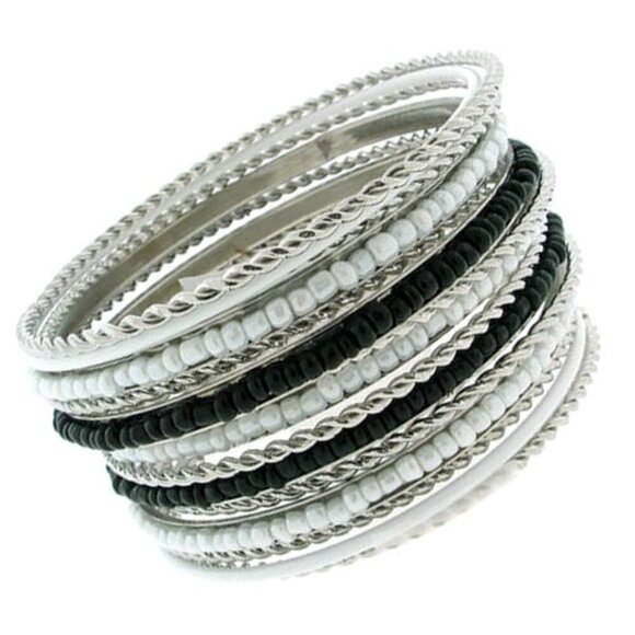 Silver Cable Seed Bead Bangle Cabo Black Pearly White Beaded Bracelet Set of 14 - Picture 1 of 2